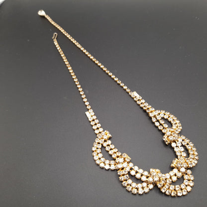 Vintage Looped Clear Rhinestone Necklace, Gold Tone, 1950s