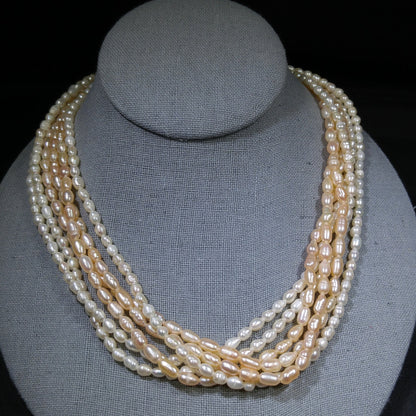 Fresh Water Pearl Necklace, 6 Strands, Silver Gold Plated Clasp, 1980s Vintage Jewelry