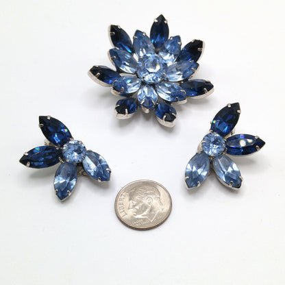 Kramer Blue Rhinestone Brooch Earrings Set, Light Dark Blue, Rhodium Plated, 1960s Vintage Jewelry