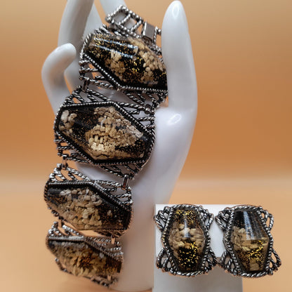 Vintage Unsigned Selro Selini Jewelry: Bracelet Earrings Set, Chunky Confetti Lucite, Clip Earrings, 1950s Vintage Jewelry