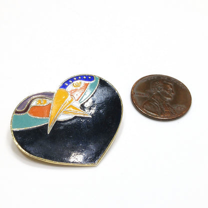 Laurel Burch Two Bird Heart Brooch, Gold Plated Cloisonne, 1980s Vintage Jewelry