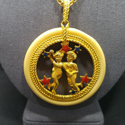 Vintage Zodiac Gemini Enamel Lucite Pendant Necklace, Original Tag, 1960s Vintage Jewelry