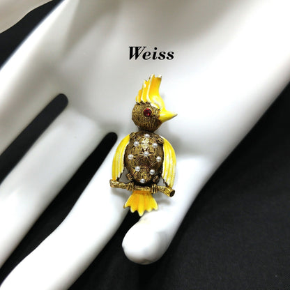 Vintage Weiss Yellow Enamel Bird Brooch – RARE Figural Woodpecker – 1940s/50s