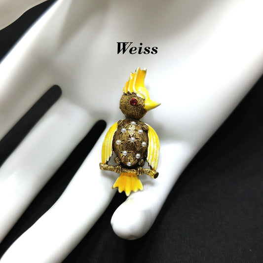 Vintage Weiss Yellow Enamel Bird Brooch – RARE Figural Woodpecker – 1940s/50s