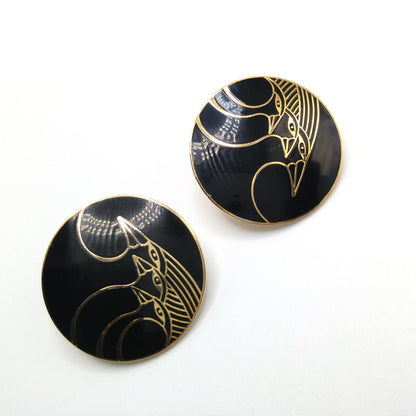 Vintage Laurel Burch "Celestial Birds" Clip Earrings, Black Enamel, Gold Plated