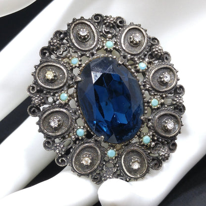 Florenza Blue Faceted Glass Brooch & Pendant, Antique Silver Tone, Gold Plated, 1950s Vintage Jewelry