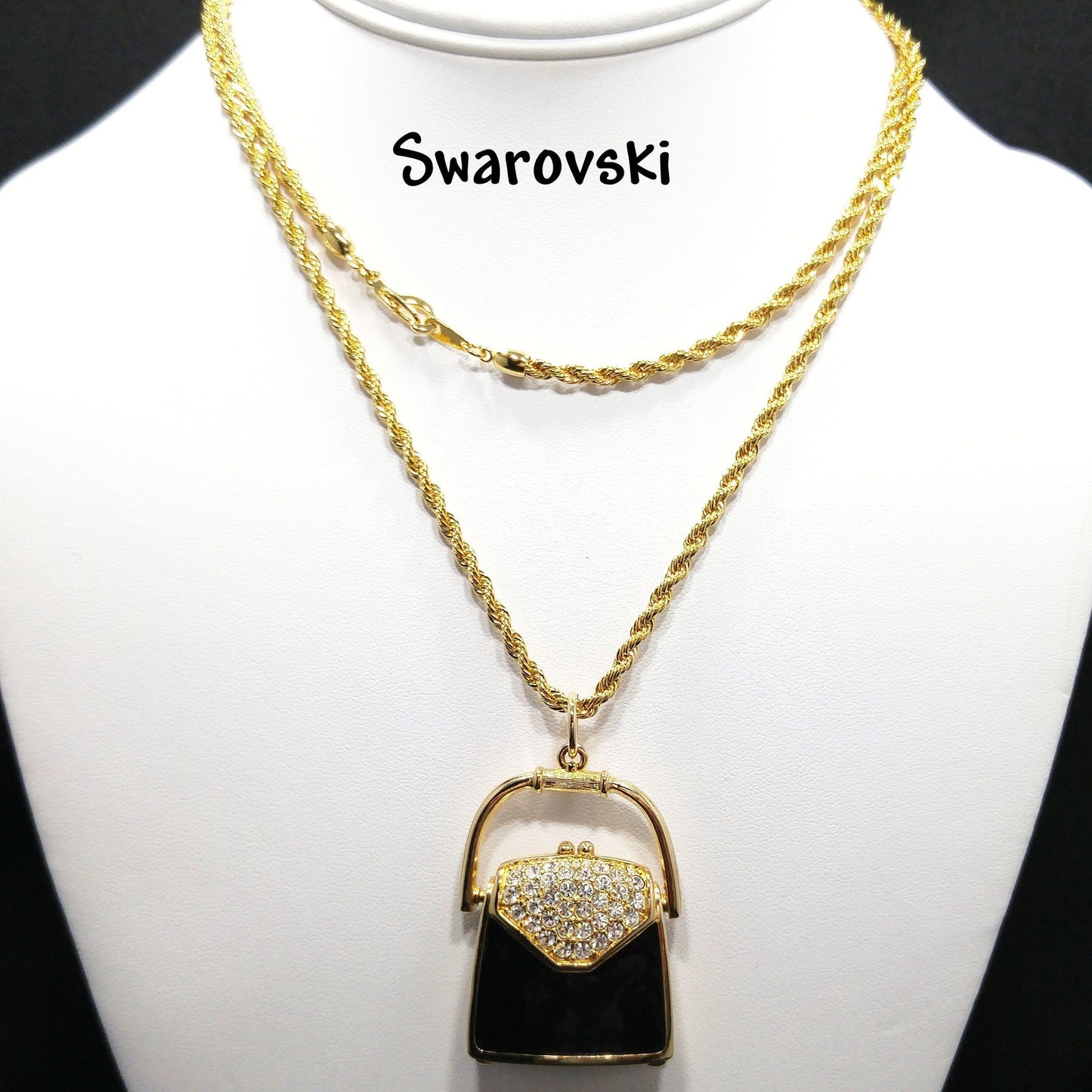 Swarovski Purse Pendant Necklace, Black Enamel & Crystal Handbag Locket, Vintage 1980s Jewelry