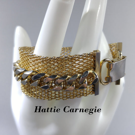Hattie Carnegie Mesh Chain Bracelet, Gold Plated, 1950s Vintage Jewelry