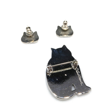 Laurel Burch Cat Brooch & Earrings, Rhodium Plated, 1980s Vintage Jewelry