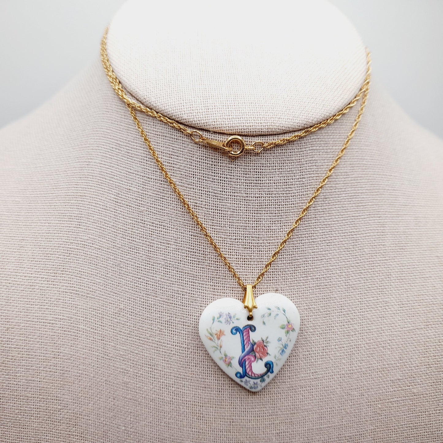 Vintage Avon Porcelain Heart “L” Initial Necklace on 24” Gold Rope Chain