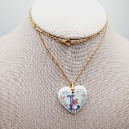 Vintage Avon Porcelain Heart “L” Initial Necklace on 24” Gold Rope Chain