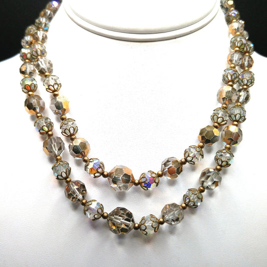 Clear Gold Crystal Beaded Necklace, Mid-Century Two Strands, 1960s Vintage Jewelry