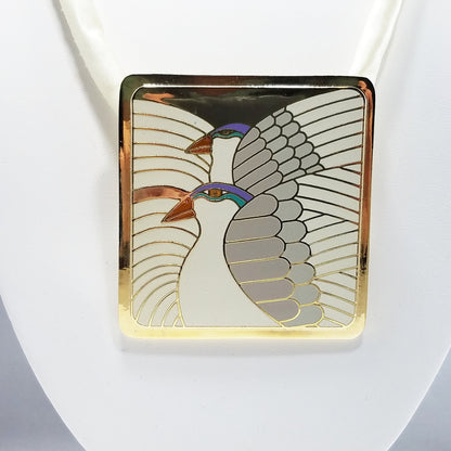 Vintage Laurel Burch "Moon Doves" Pendant Necklace, Gold Plated Cloisonne