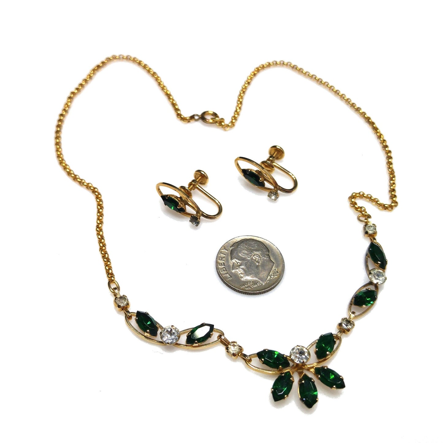 Van Dell Green Clear Rhinestone Necklace Earrings Set, 12K Gold Filled, 1940s Vintage Jewelry