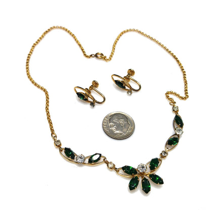 Van Dell Green Clear Rhinestone Necklace Earrings Set, 12K Gold Filled, 1940s Vintage Jewelry