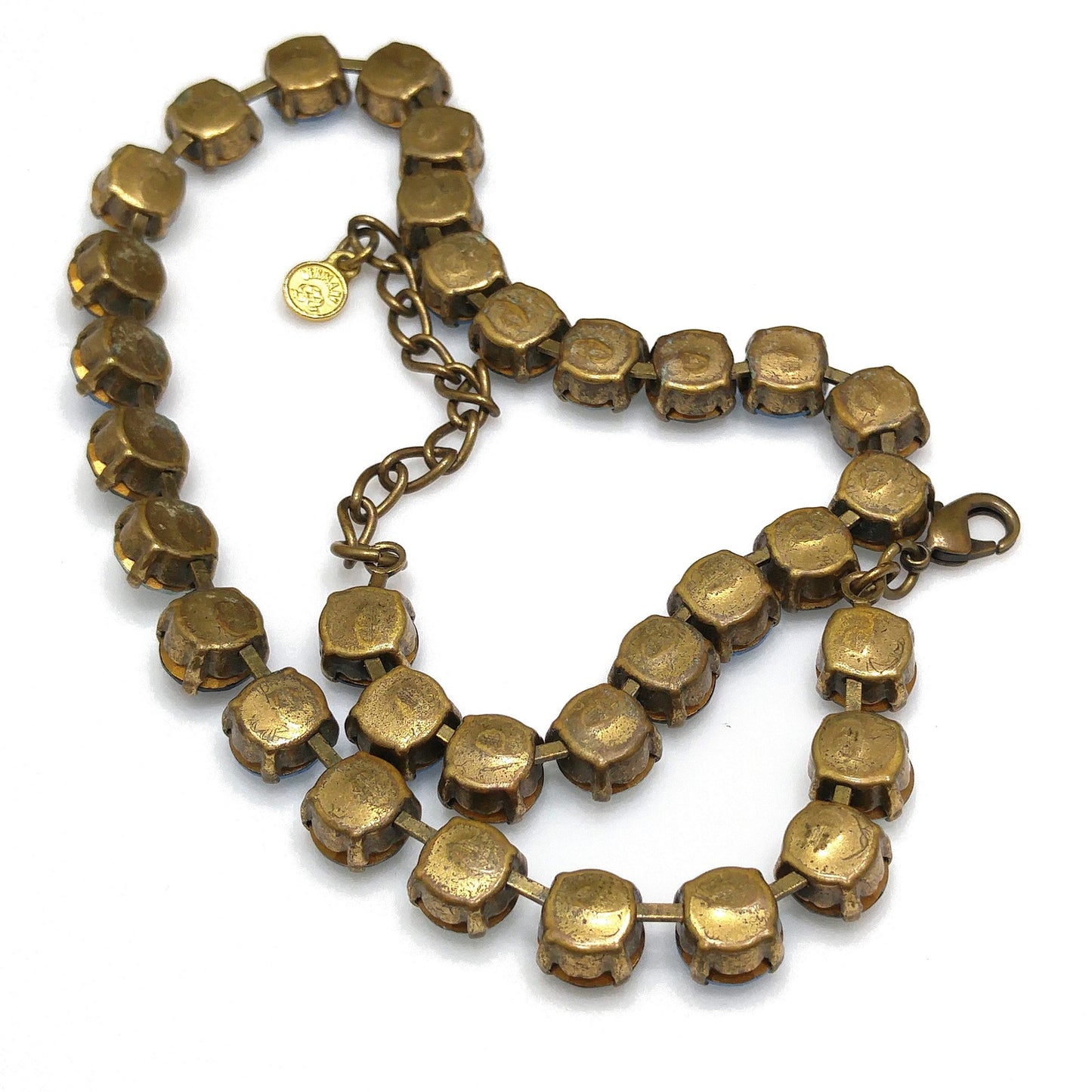 Vintage 1990s Germany Blue Crystal Rhinestone Necklace Gold Tone Choker