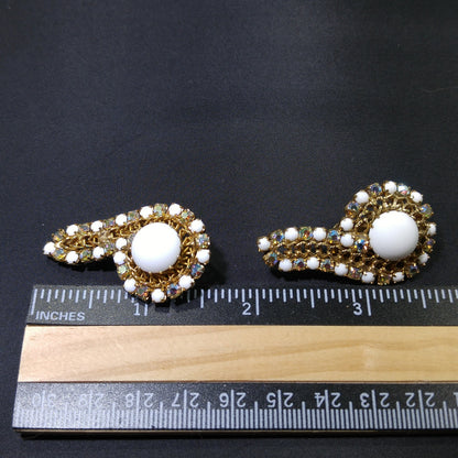 Hobe Milk Glass Clip Earrings, Gold Plated, Ear Climbers, 1960s Vintage Jewelry