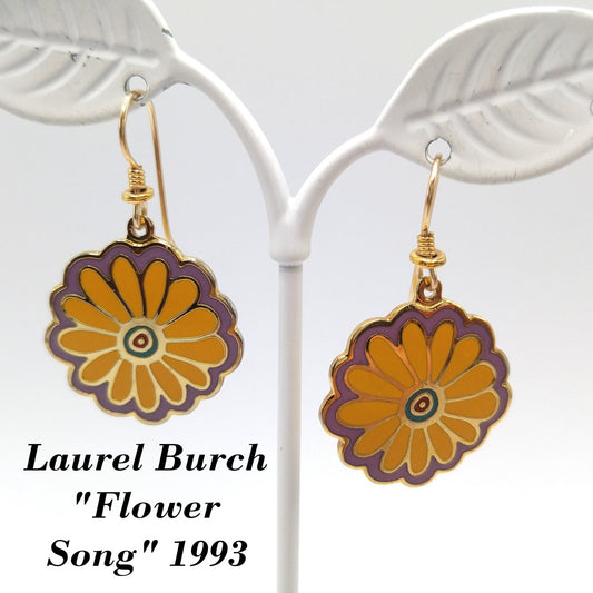 Laurel Burch "Flower Song" 1993 Flower Earrings, Gold Plated, Yellow Purple Enamel, 1990s Vintage Jewelry