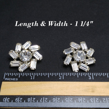 Vintage 1950s Weiss Clear Rhinestone Clip Earrings Baguette Floral Wedding
