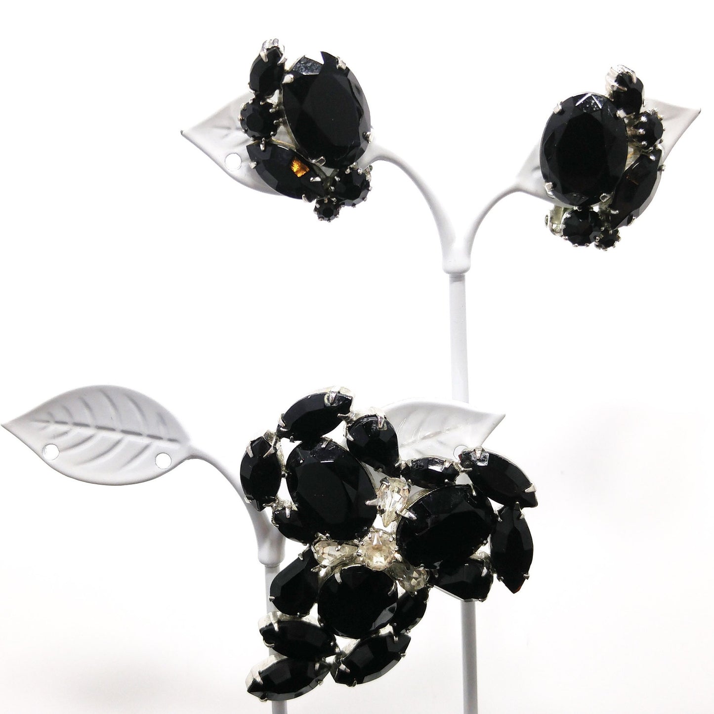 Vintage Weiss Black & Clear Rhinestone Brooch and Earrings Set, Rhodium Plated