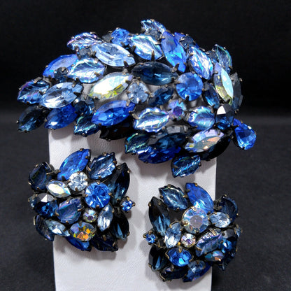 Regency 1950s Blue Rhinestone Brooch Earrings Set Art Glass Leaf Vintage