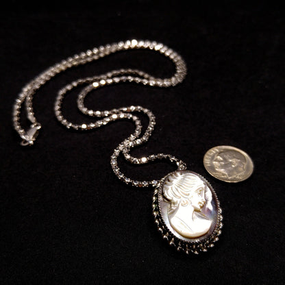 Abalone Shell Cameo Pendant Brooch, 925 Silver Necklace, 1970s Vintage Jewelry