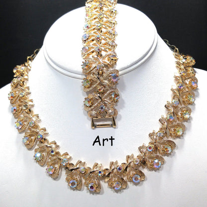 Arthur Pepper "Art" Necklace & Bracelet, Aurora Borealis Rhinestones, 1960s Vintage Jewelry