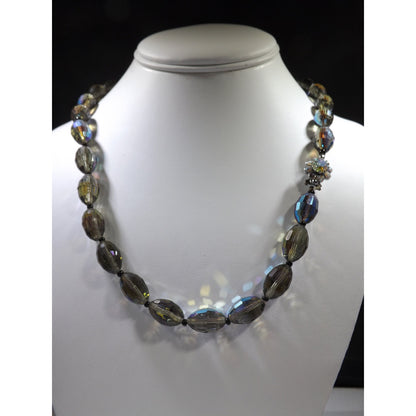 Vintage Chess Oval Aurora Borealis Crystal Beaded Necklace, Rhinestone Clasp, 1960s Vintage Jewelry