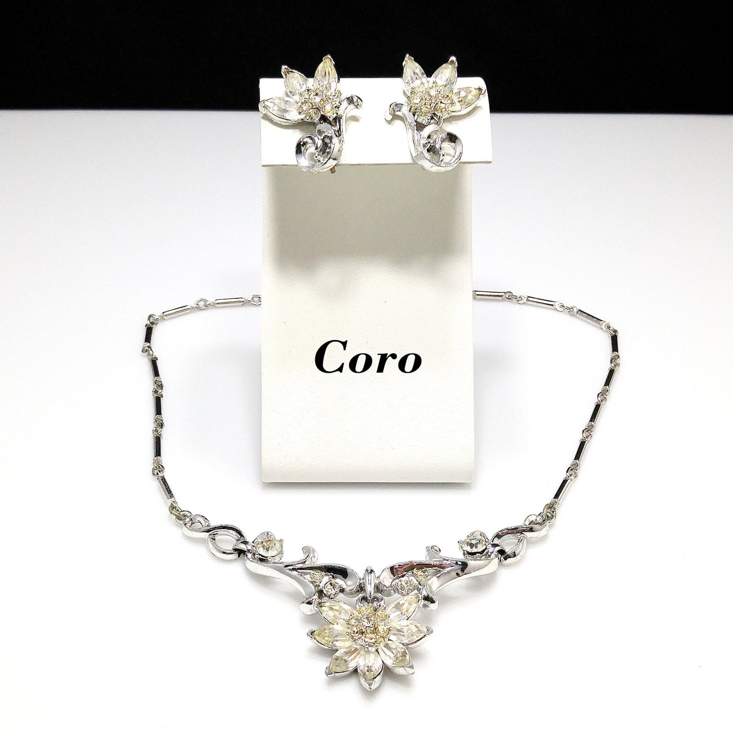 Coro Clear Rhinestone Rhodium Plated Necklace & Earrings, Wedding Jewelry Set, 1950s Vintage Jewelry