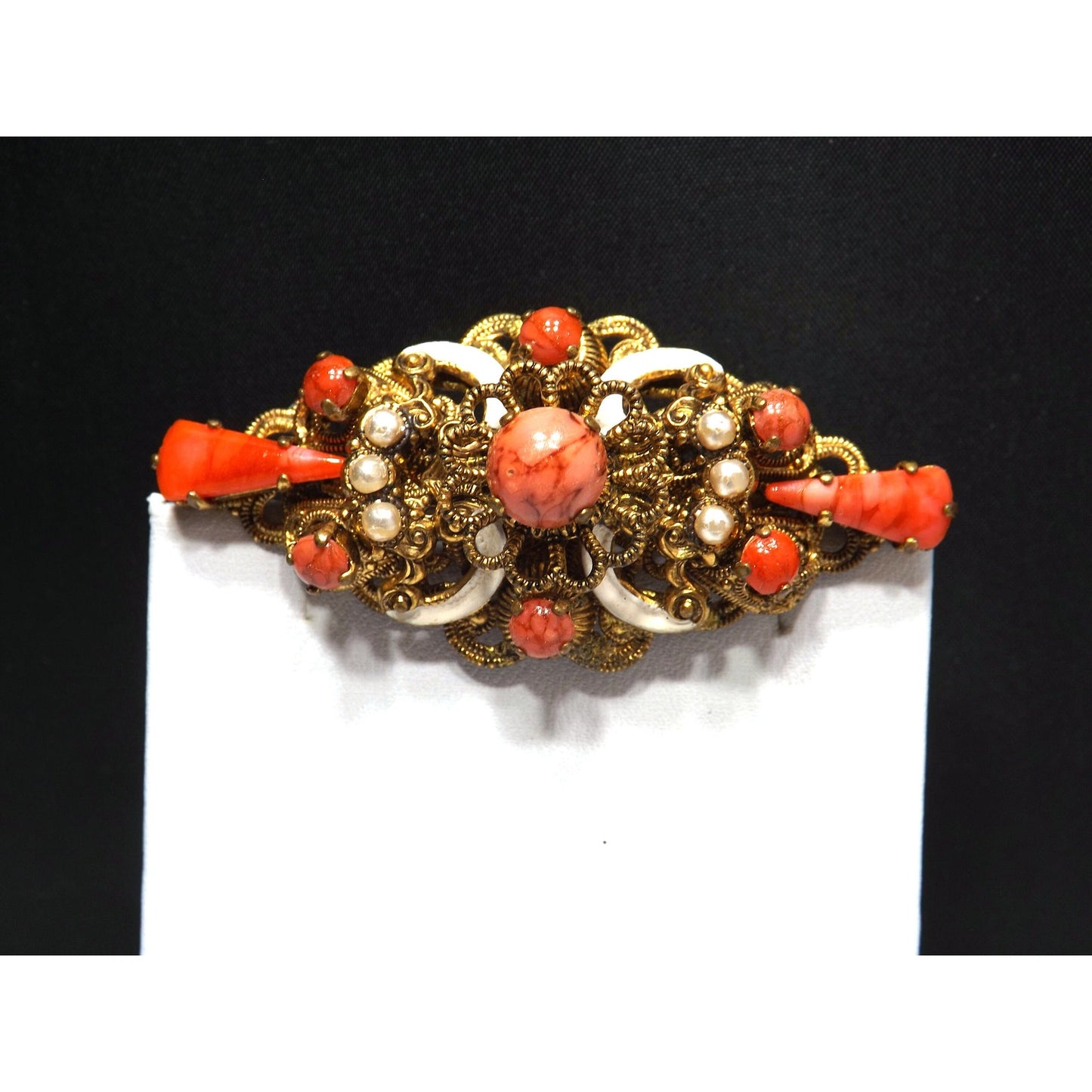 Germany Orange Art Glass Filigree Brooch, Faux Pearls, White Enamel, 1940s Vintage Jewelry