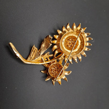 Hollycraft Gold Plated Floral Brooch, Turquoise Rhinestones, 1960s Vintage Jewelry