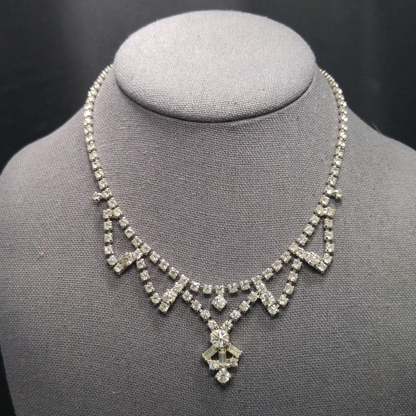 Vintage 1960s Clear Rhinestone Choker Necklace | Mid-Century Bridal Jewelry, Rhodium Plated, Baguette & Chaton Cuts