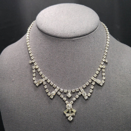 Vintage 1960s Clear Rhinestone Choker Necklace | Mid-Century Bridal Jewelry, Rhodium Plated, Baguette & Chaton Cuts