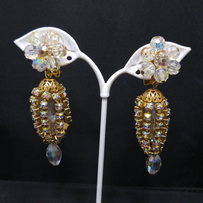 Crystal Rhinestone Dangle Clip Earrings, Aurora Borealis, 1960s Vintage Jewelry