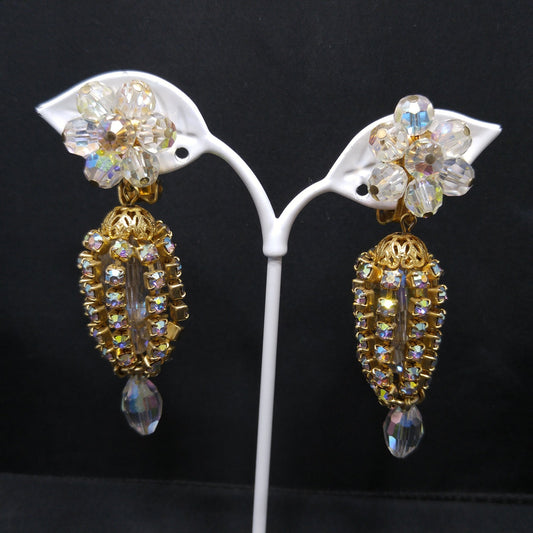 Crystal Rhinestone Dangle Clip Earrings, Aurora Borealis, 1960s Vintage Jewelry