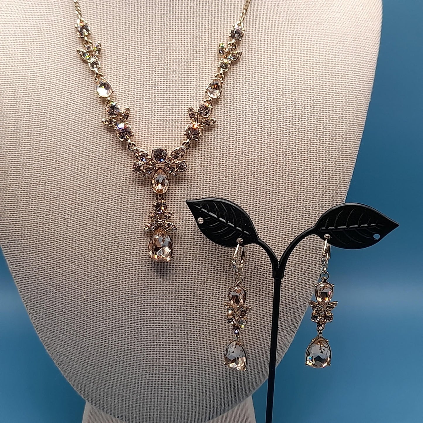 Vintage Givenchy Necklace & Earrings Set – Gold Tone Crystal Teardrop Jewelry