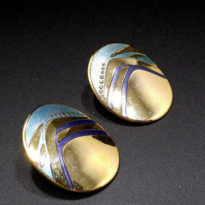 Laurel Burch Blue Metallic Oval Post Earrings, Gold Plated, 1980s Vintage