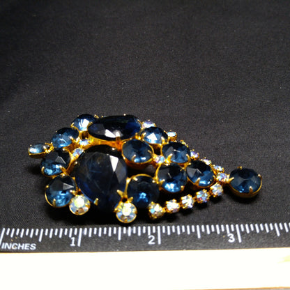 Large Blue Rhinestone Brooch & Pendant, Gold Plated, 1960s Vintage Jewelry