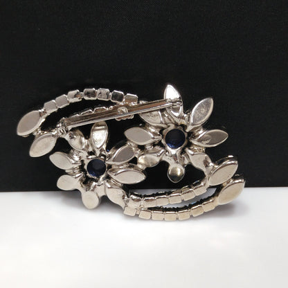 Blue Rhinestone Floral Brooch, Rhodium Plated, 1960s Vintage Jewelry