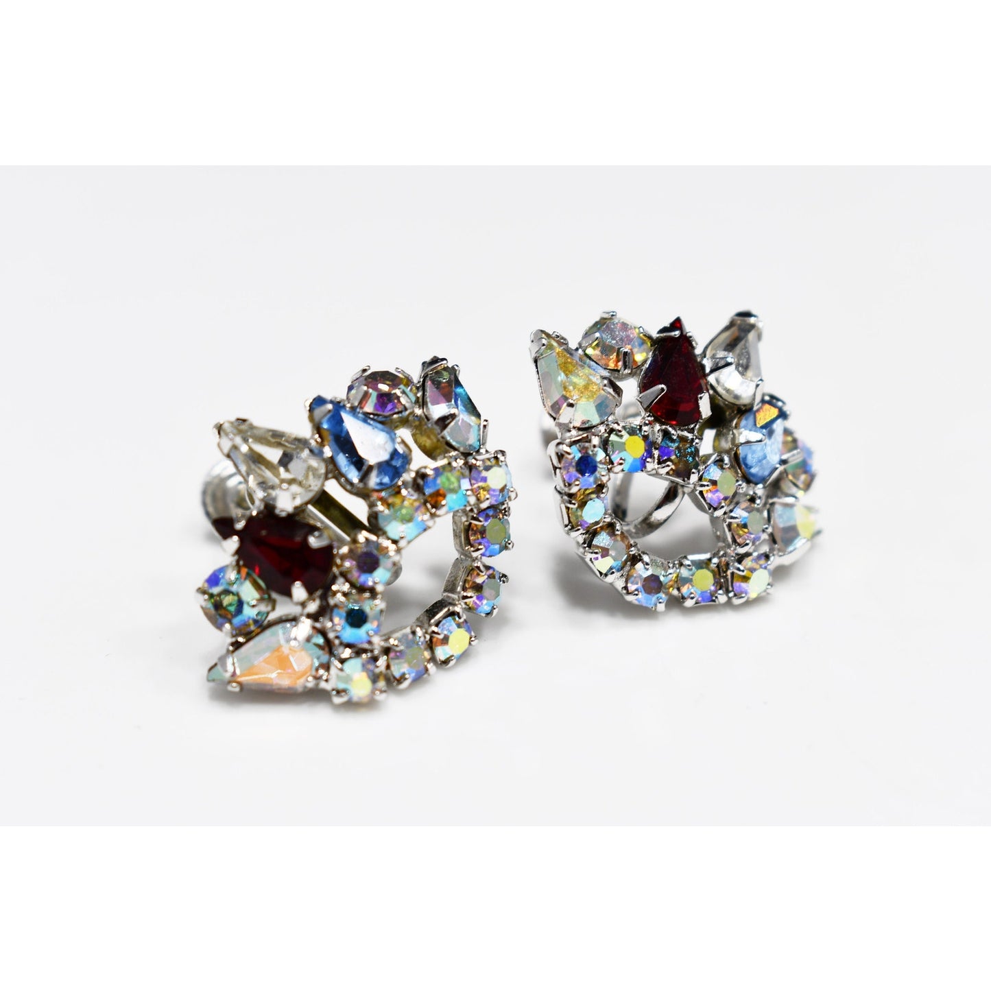 Rhinestone Crown Screw Back Earrings, Unsigned B. David, 1950s Vintage Jewelry