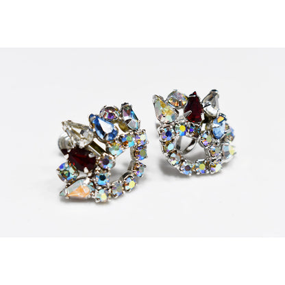 Rhinestone Crown Screw Back Earrings, Unsigned B. David, 1950s Vintage Jewelry