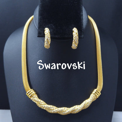 Vintage Swarovski Mesh Necklace & Earrings Set – Gold Plated with Rhinestones
