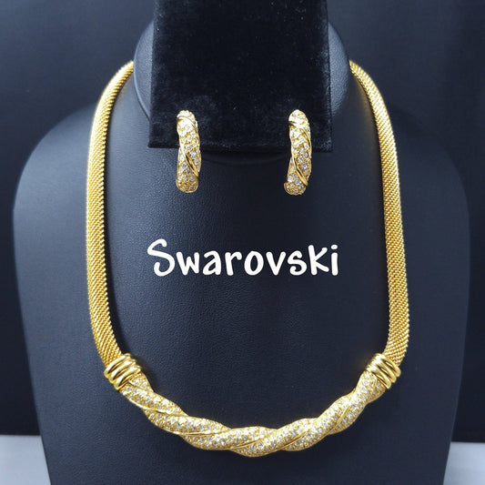 Vintage Swarovski Mesh Necklace & Earrings Set – Gold Plated with Rhinestones