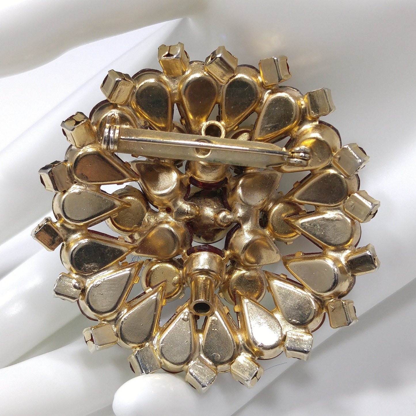 Ruby Red Rhinestone Brooch, Aurora Borealis, Gold Plated, 1960s Vintage Jewelry