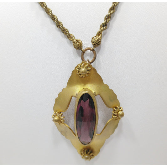 Victorian Purple Glass Pendant Necklace, Golden Brass, Early 1900s Vintage Jewelry