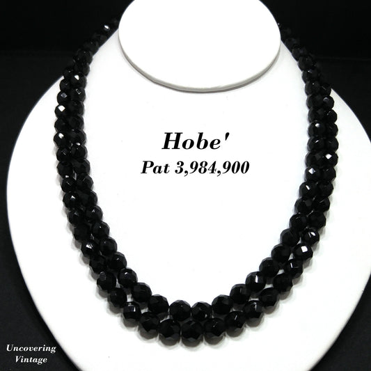 Vintage Hobeʼ Black Crystal Necklace 36 Inch Pat 3984900 Faceted 1950s