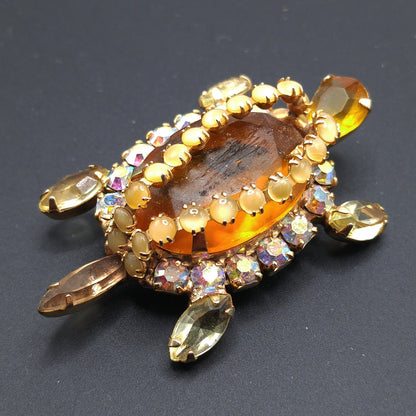 Turtle Brooch, Juliana Style Open Back Rhinestones, Gold Plated, 1960s Vintage Jewelry