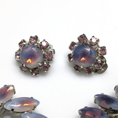 Twin Faux Opal Rhinestone Brooches & Earrings, Rhodium Plated, 1960s Vintage Jewelry