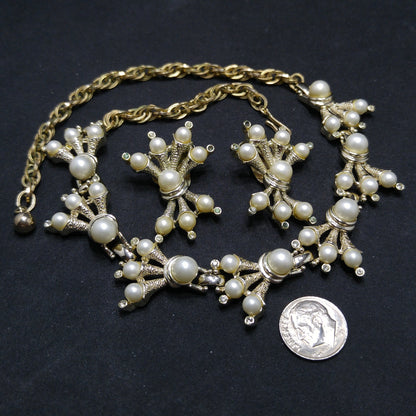 Kramer Faux Pearl Necklace Clip Earrings Set, 1960s Vintage Jewelry