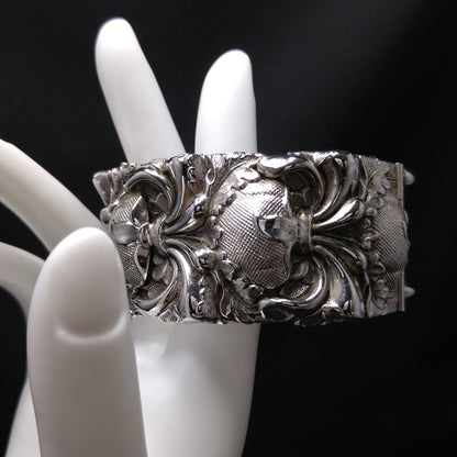 Whiting & Davis Antiqued Floral Wide Bracelet, Book Piece, 1970s Vintage Jewelry